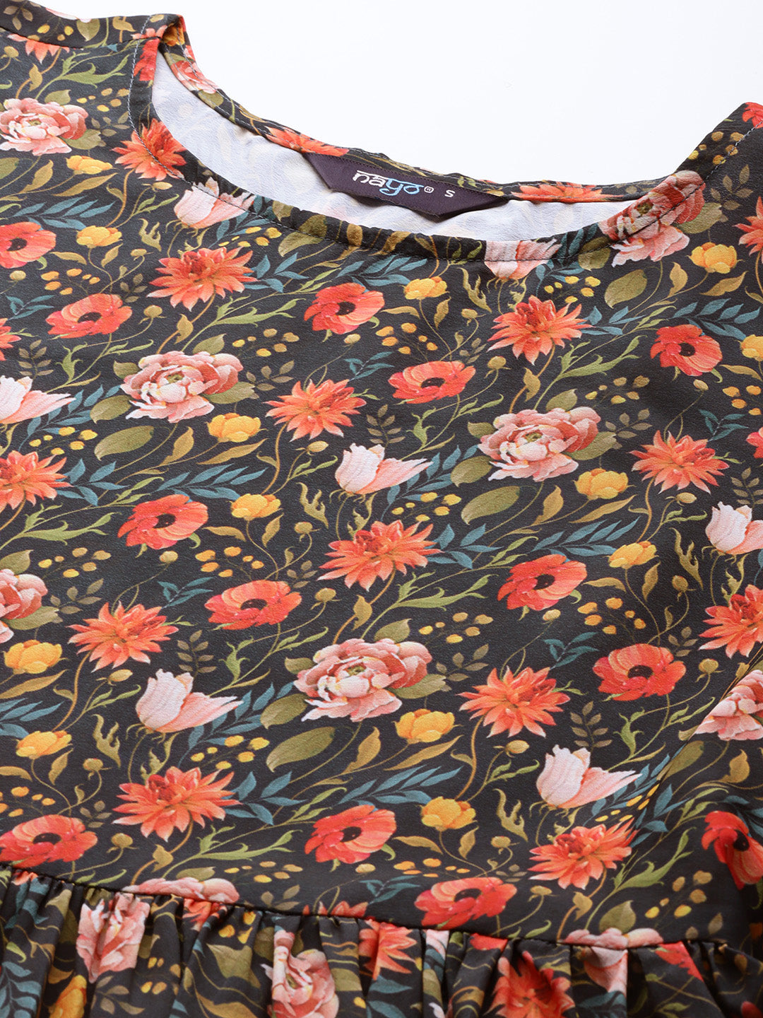 Women Black Floral Printed Dress With Three Quarter Sleeves | LASVINI - Redefining Indian Fashion with Elegance