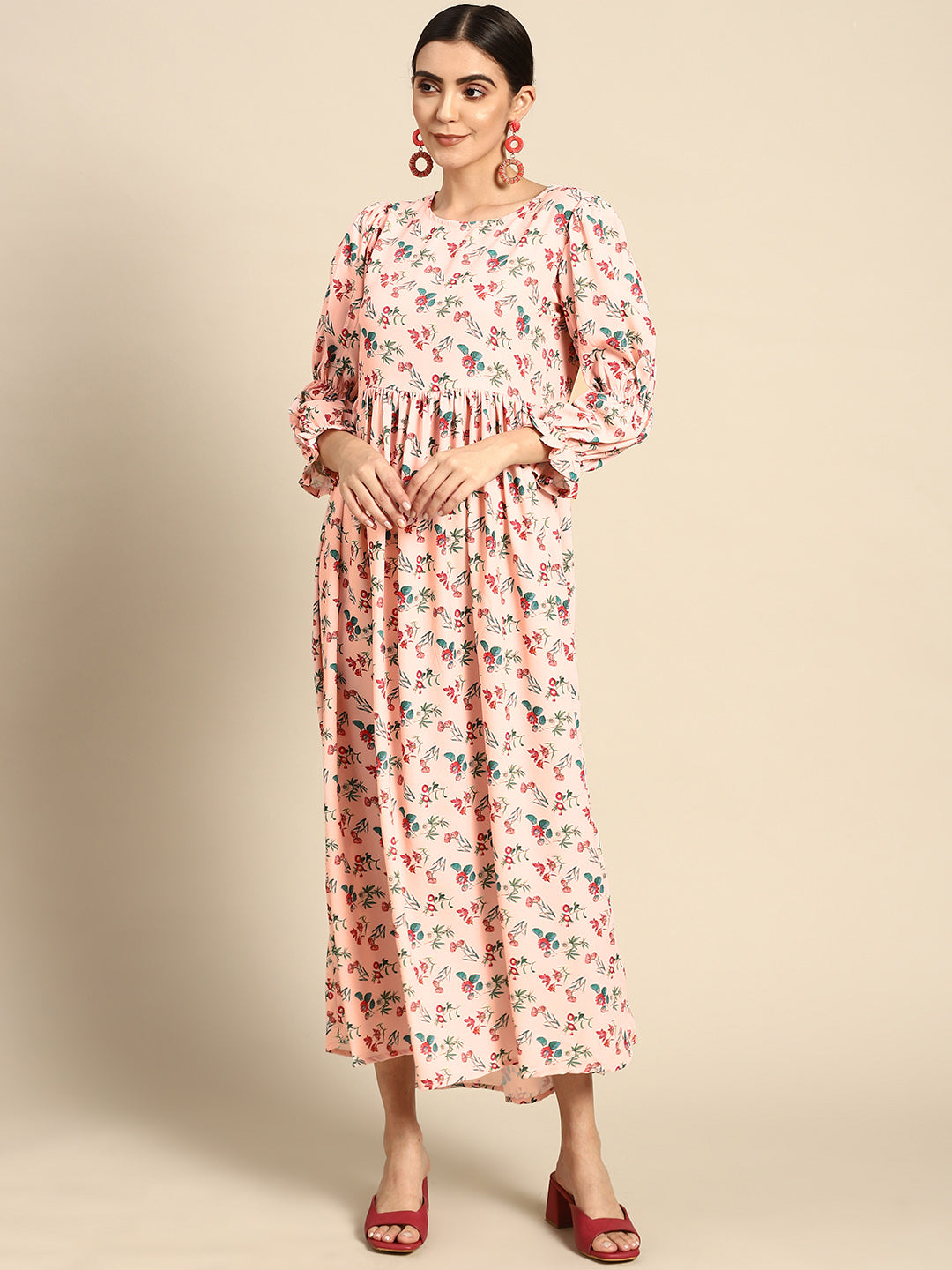 Women Peach Floral Printed Dress With Three Quarter Sleeves | LASVINI - Redefining Indian Fashion with Elegance