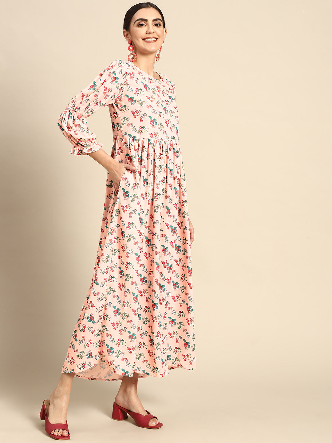 Women Peach Floral Printed Dress With Three Quarter Sleeves | LASVINI - Redefining Indian Fashion with Elegance