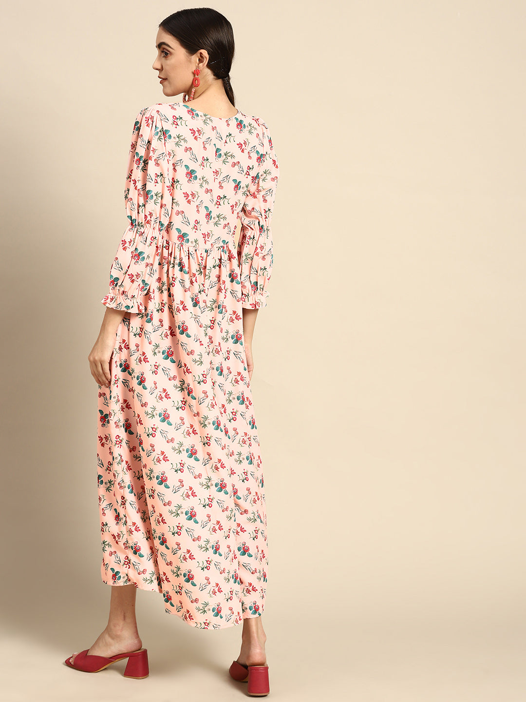 Women Peach Floral Printed Dress With Three Quarter Sleeves | LASVINI - Redefining Indian Fashion with Elegance