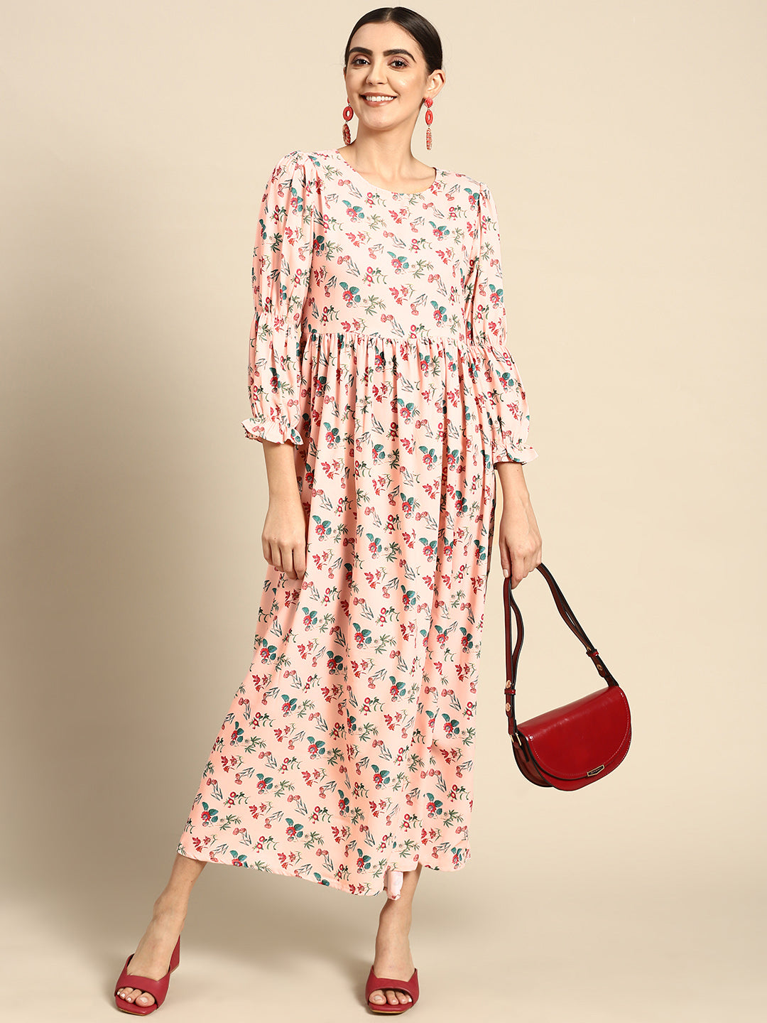 Women Peach Floral Printed Dress With Three Quarter Sleeves | LASVINI - Redefining Indian Fashion with Elegance