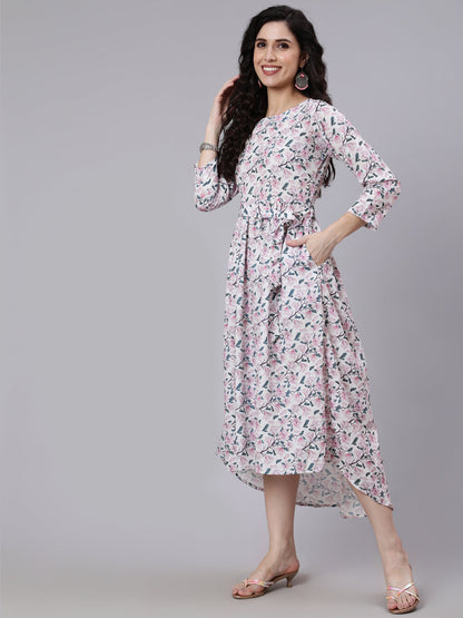 Women Off White Printed Flared Dress With Three Quarter Sleeves | LASVINI - Redefining Indian Fashion with Elegance