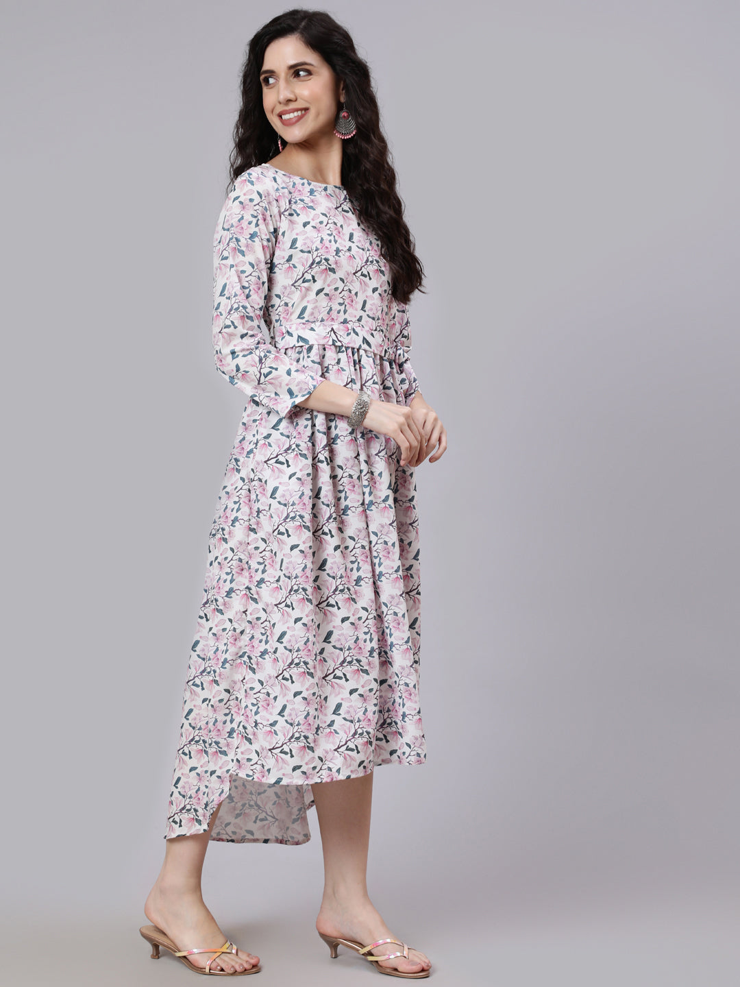 Women Off White Printed Flared Dress With Three Quarter Sleeves | LASVINI - Redefining Indian Fashion with Elegance