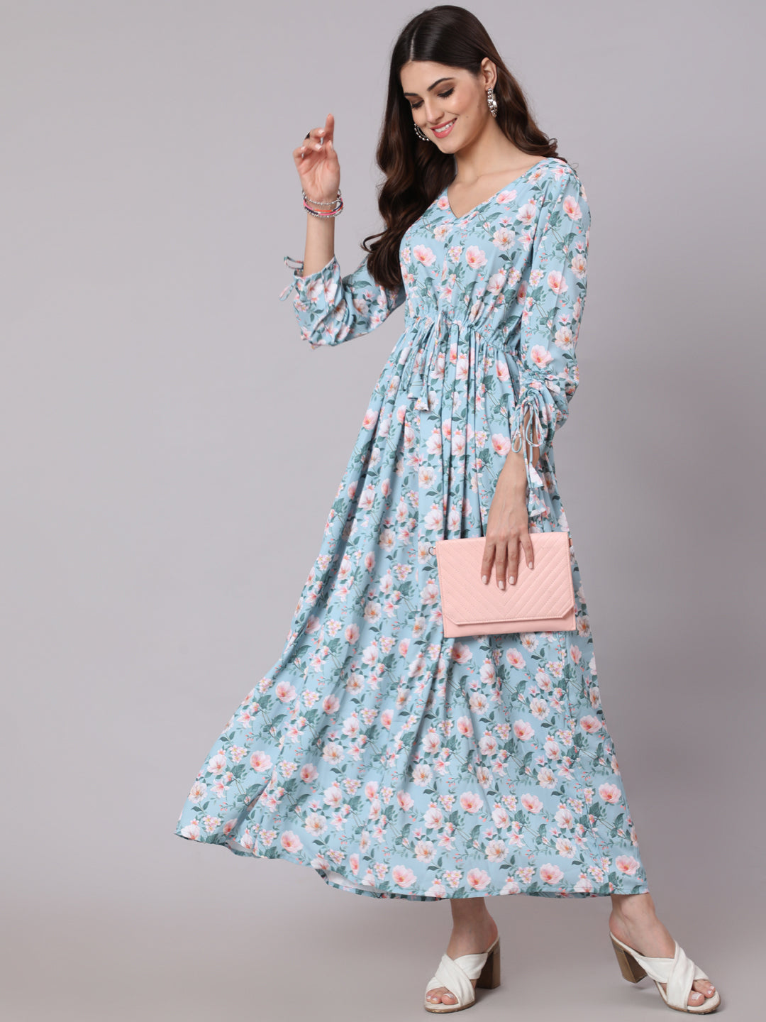 Women Green Printed Flared Dress With Three Quarter Sleeeves | LASVINI - Redefining Indian Fashion with Elegance