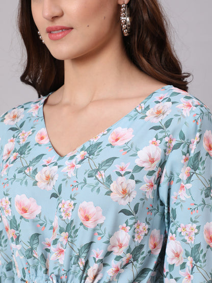 Women Green Printed Flared Dress With Three Quarter Sleeeves | LASVINI - Redefining Indian Fashion with Elegance