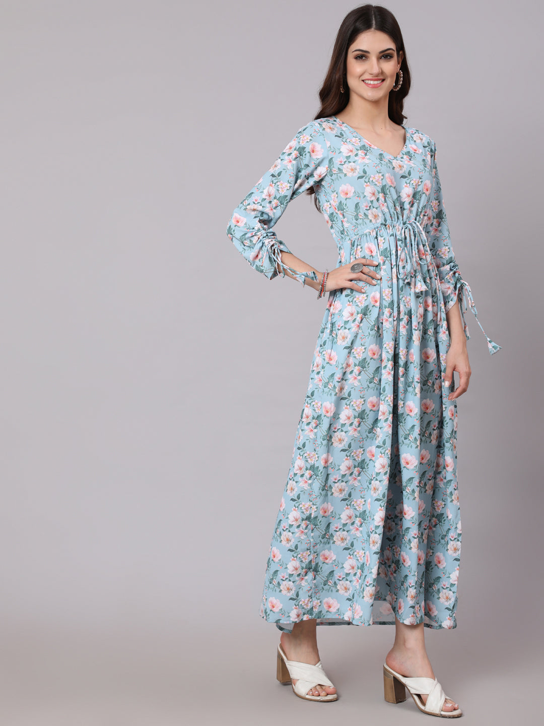 Women Green Printed Flared Dress With Three Quarter Sleeeves | LASVINI - Redefining Indian Fashion with Elegance