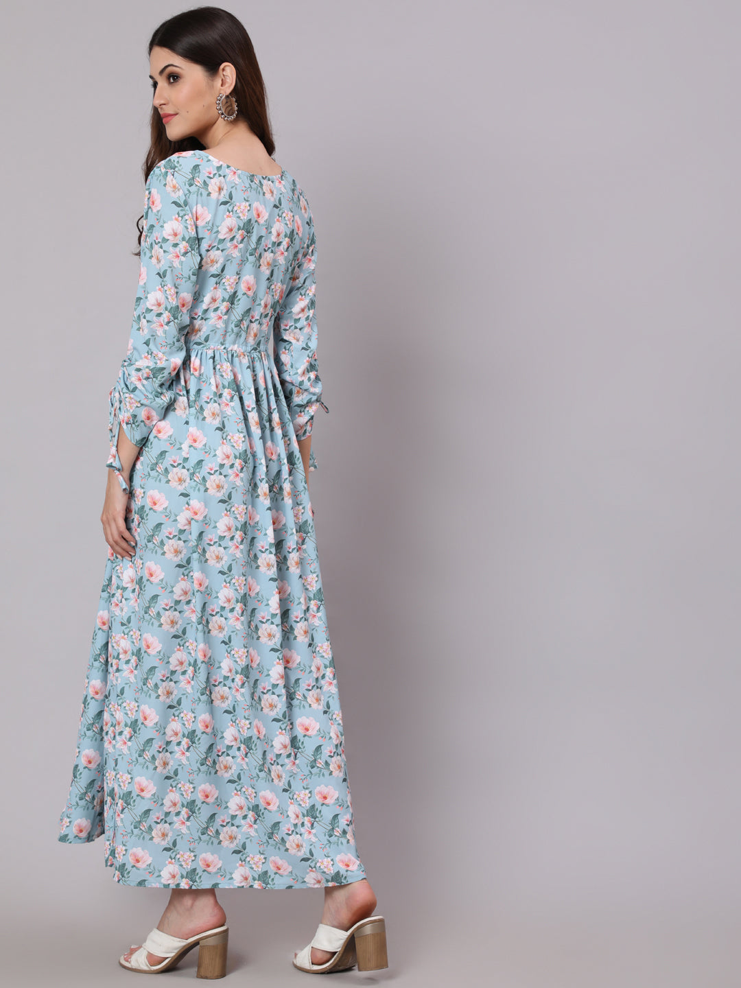 Women Green Printed Flared Dress With Three Quarter Sleeeves | LASVINI - Redefining Indian Fashion with Elegance