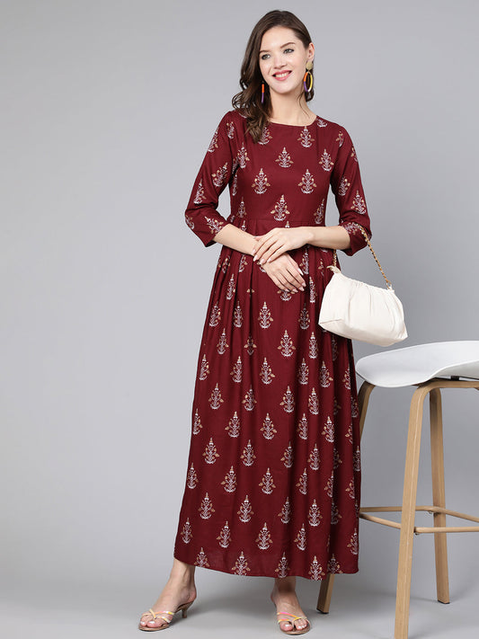 Women Burgundy Printed Flared Dress With Three Quarter Sleeves | LASVINI - Redefining Indian Fashion with Elegance