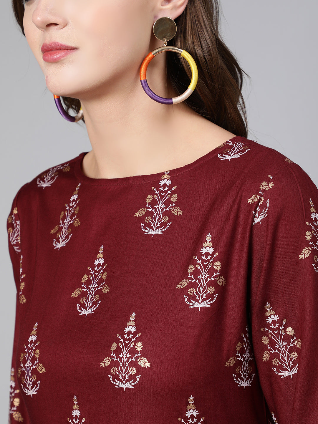 Women Burgundy Printed Flared Dress With Three Quarter Sleeves | LASVINI - Redefining Indian Fashion with Elegance