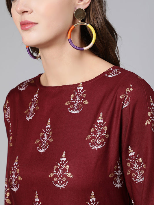 Women Burgundy Printed Flared Dress With Three Quarter Sleeves | LASVINI - Redefining Indian Fashion with Elegance
