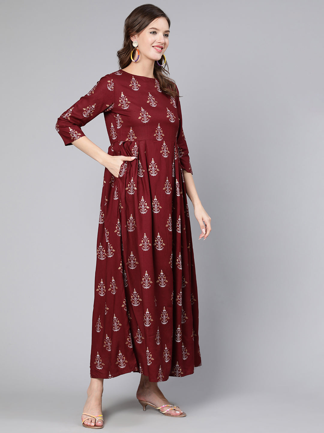 Women Burgundy Printed Flared Dress With Three Quarter Sleeves | LASVINI - Redefining Indian Fashion with Elegance
