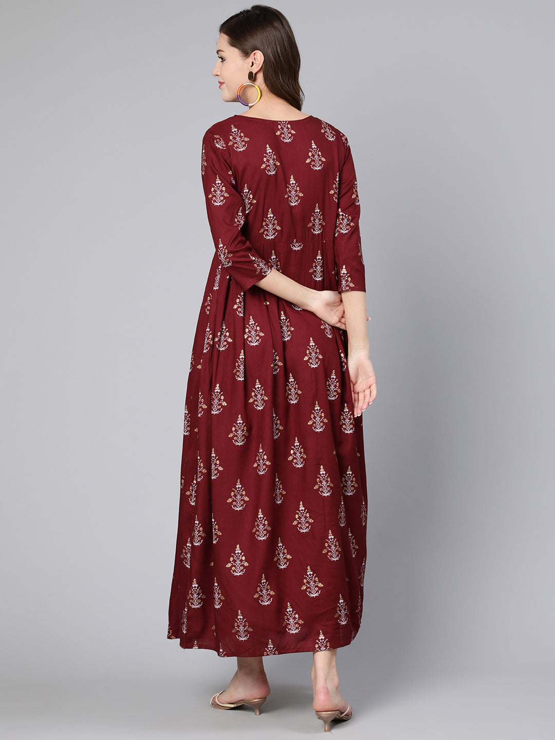 Women Burgundy Printed Flared Dress With Three Quarter Sleeves | LASVINI - Redefining Indian Fashion with Elegance