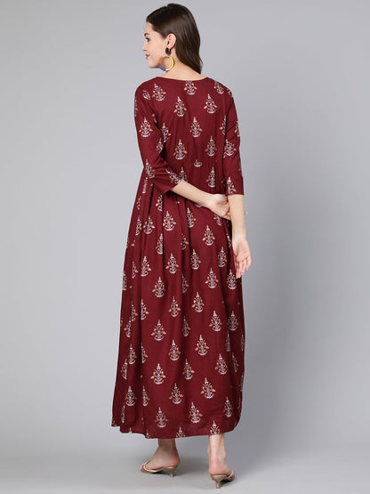Women Burgundy Printed Flared Dress With Three Quarter Sleeves | LASVINI - Redefining Indian Fashion with Elegance