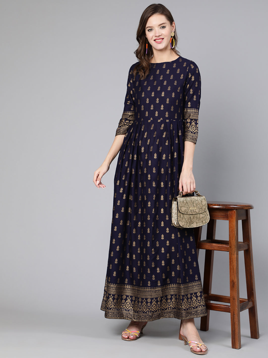 Women Blue Printed Flared Dress With Three Quarter Sleeves | LASVINI - Redefining Indian Fashion with Elegance