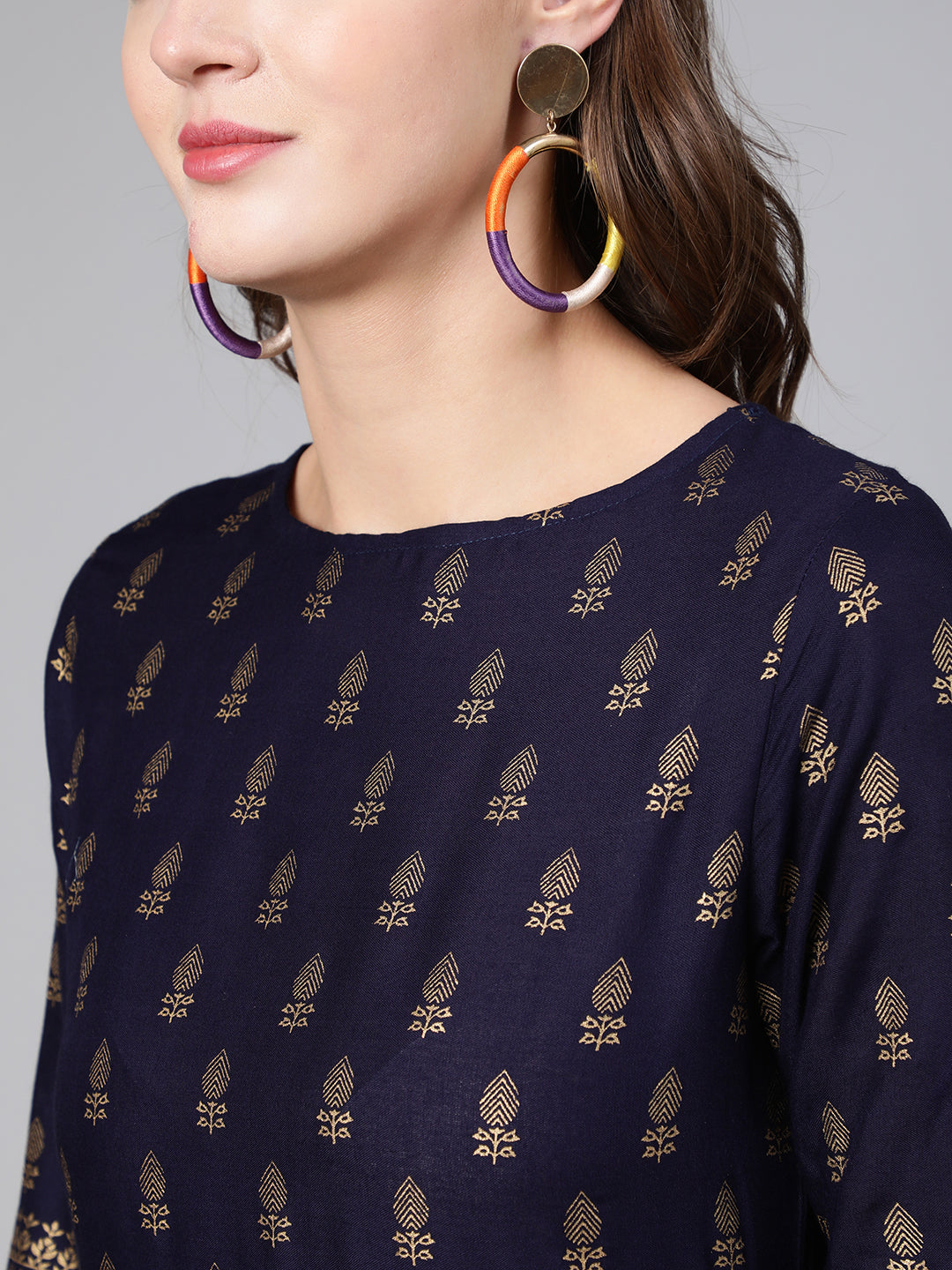 Women Blue Printed Flared Dress With Three Quarter Sleeves | LASVINI - Redefining Indian Fashion with Elegance