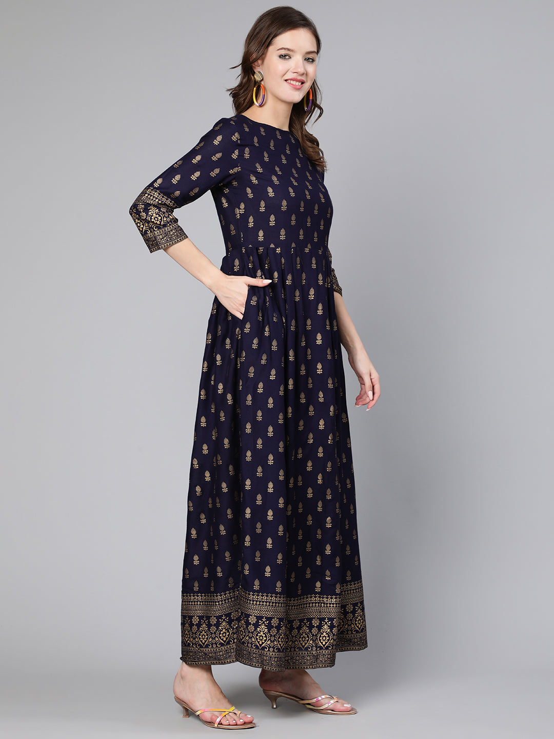 Women Blue Printed Flared Dress With Three Quarter Sleeves | LASVINI - Redefining Indian Fashion with Elegance
