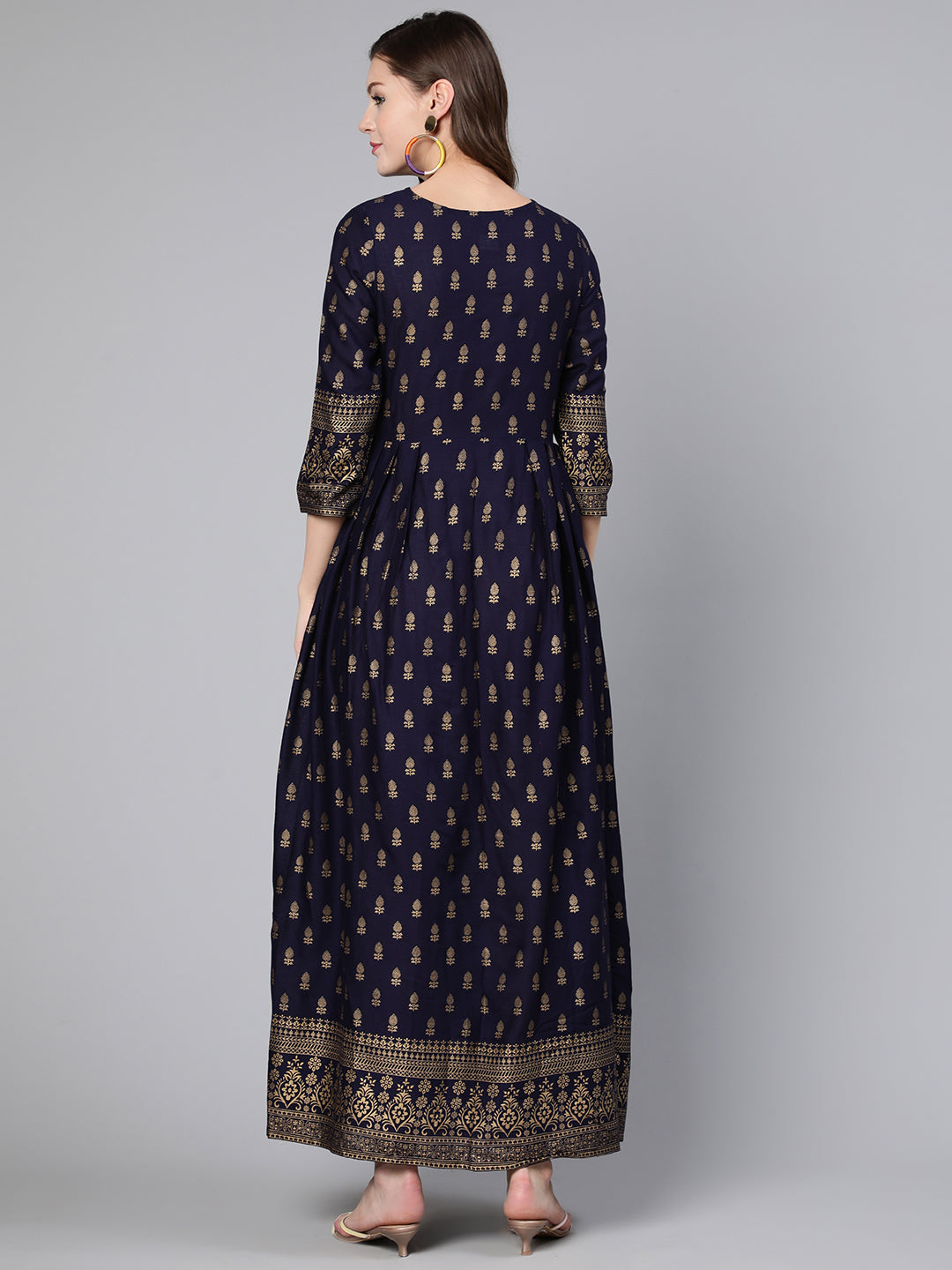 Women Blue Printed Flared Dress With Three Quarter Sleeves | LASVINI - Redefining Indian Fashion with Elegance