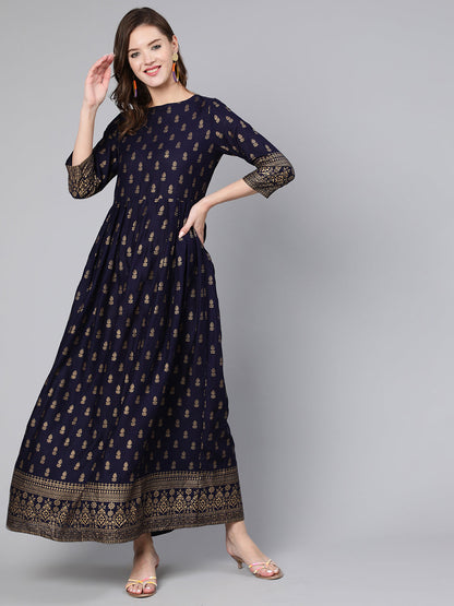 Women Blue Printed Flared Dress With Three Quarter Sleeves | LASVINI - Redefining Indian Fashion with Elegance