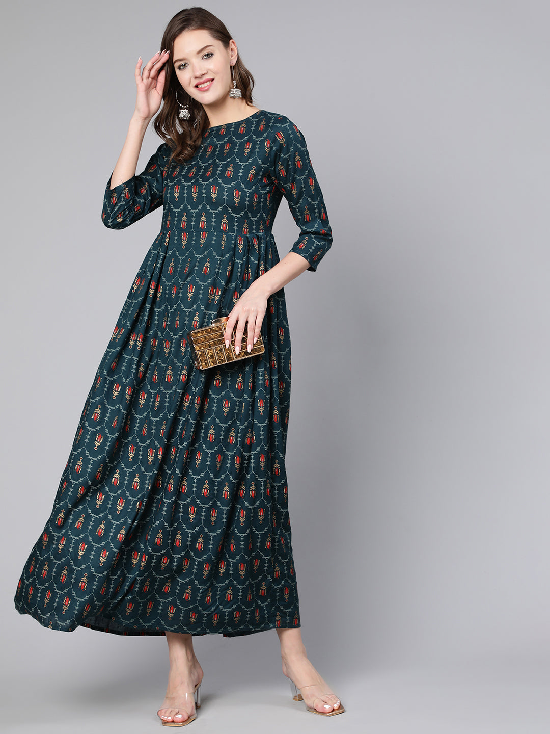 Women Blue Printed Flared Dress With Three Quarter Sleeves | LASVINI - Redefining Indian Fashion with Elegance