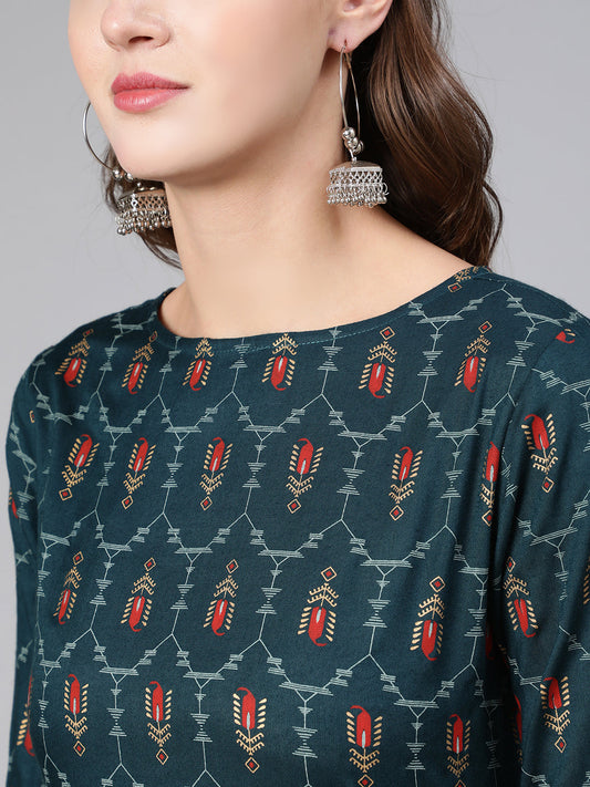 Women Blue Printed Flared Dress With Three Quarter Sleeves | LASVINI - Redefining Indian Fashion with Elegance