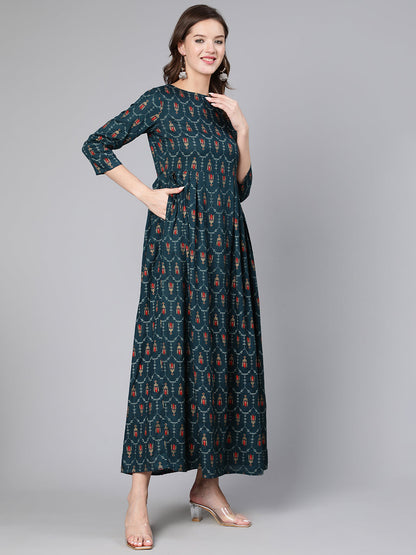 Women Blue Printed Flared Dress With Three Quarter Sleeves | LASVINI - Redefining Indian Fashion with Elegance