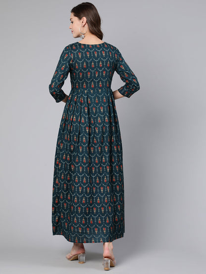 Women Blue Printed Flared Dress With Three Quarter Sleeves | LASVINI - Redefining Indian Fashion with Elegance