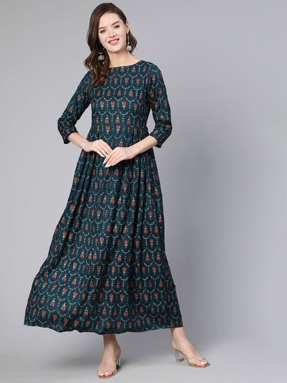 Women Blue Printed Flared Dress With Three Quarter Sleeves | LASVINI - Redefining Indian Fashion with Elegance