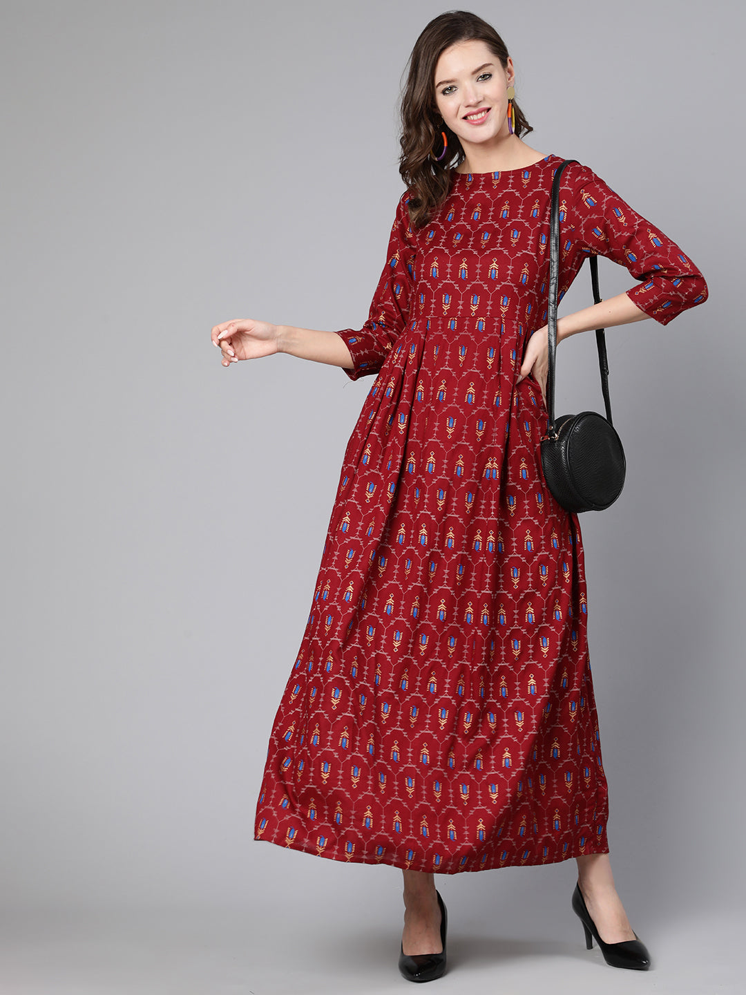 Women Maroon Printed Flared Dress With Three Quarter Sleeves | LASVINI - Redefining Indian Fashion with Elegance
