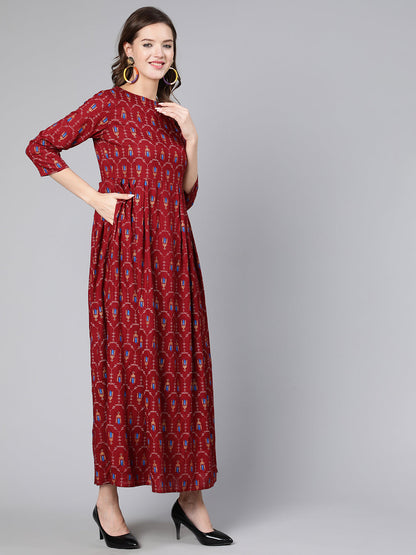 Women Maroon Printed Flared Dress With Three Quarter Sleeves | LASVINI - Redefining Indian Fashion with Elegance