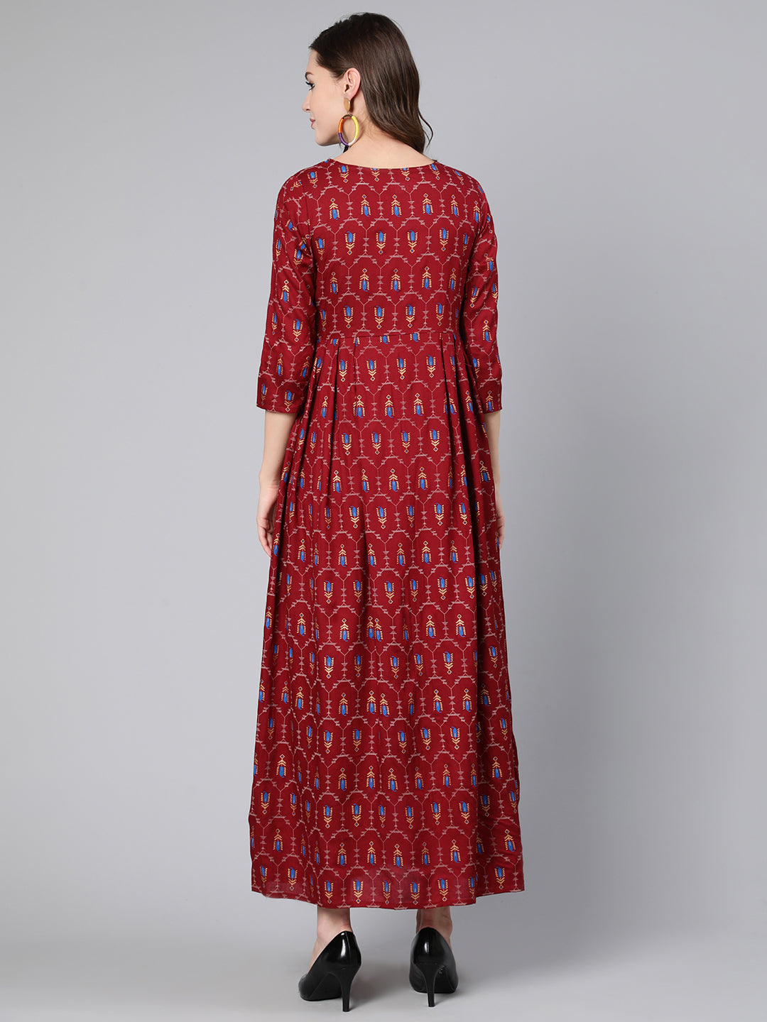Women Maroon Printed Flared Dress With Three Quarter Sleeves | LASVINI - Redefining Indian Fashion with Elegance