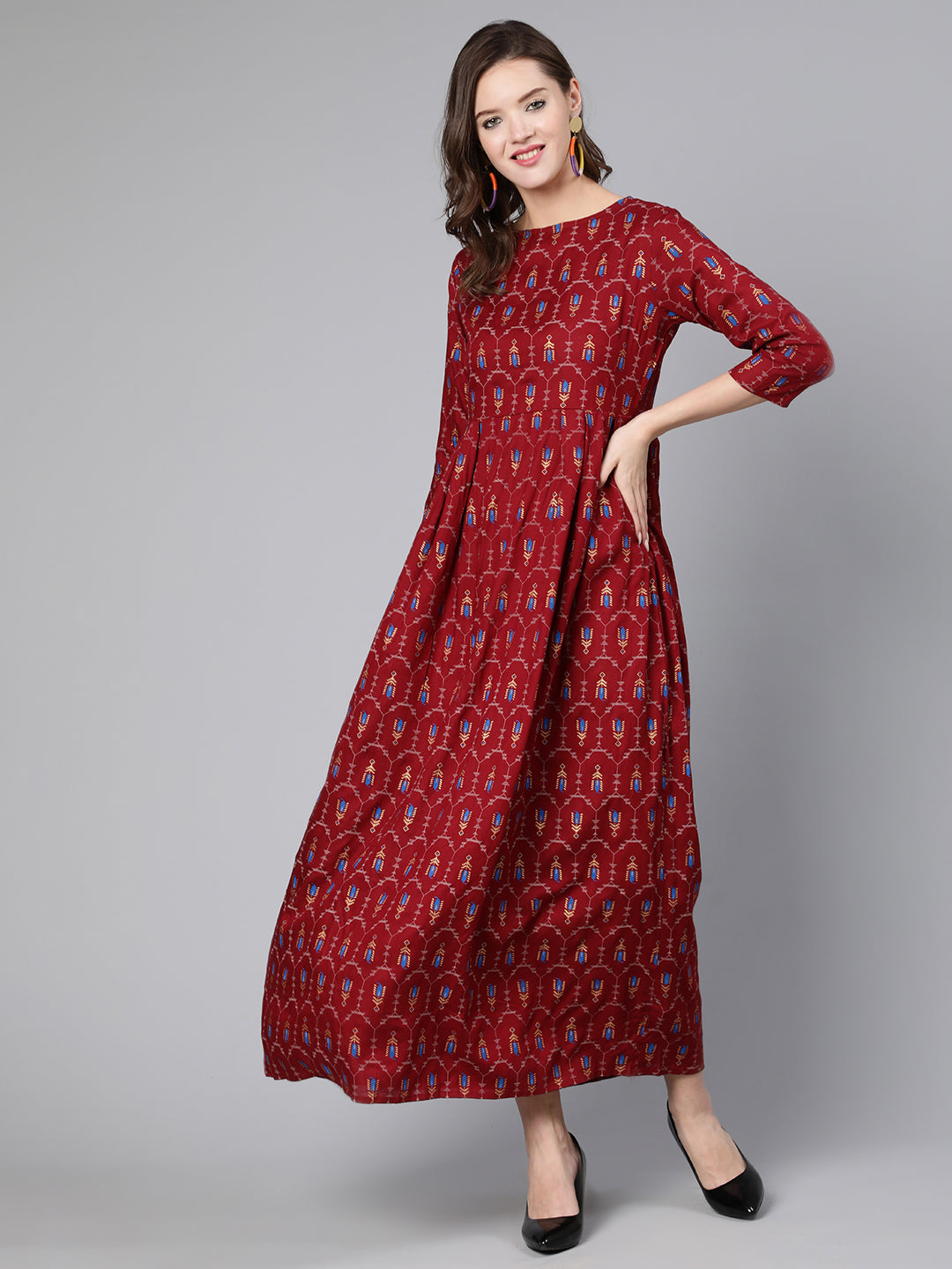 Women Maroon Printed Flared Dress With Three Quarter Sleeves | LASVINI - Redefining Indian Fashion with Elegance