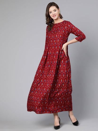Women Maroon Printed Flared Dress With Three Quarter Sleeves | LASVINI - Redefining Indian Fashion with Elegance