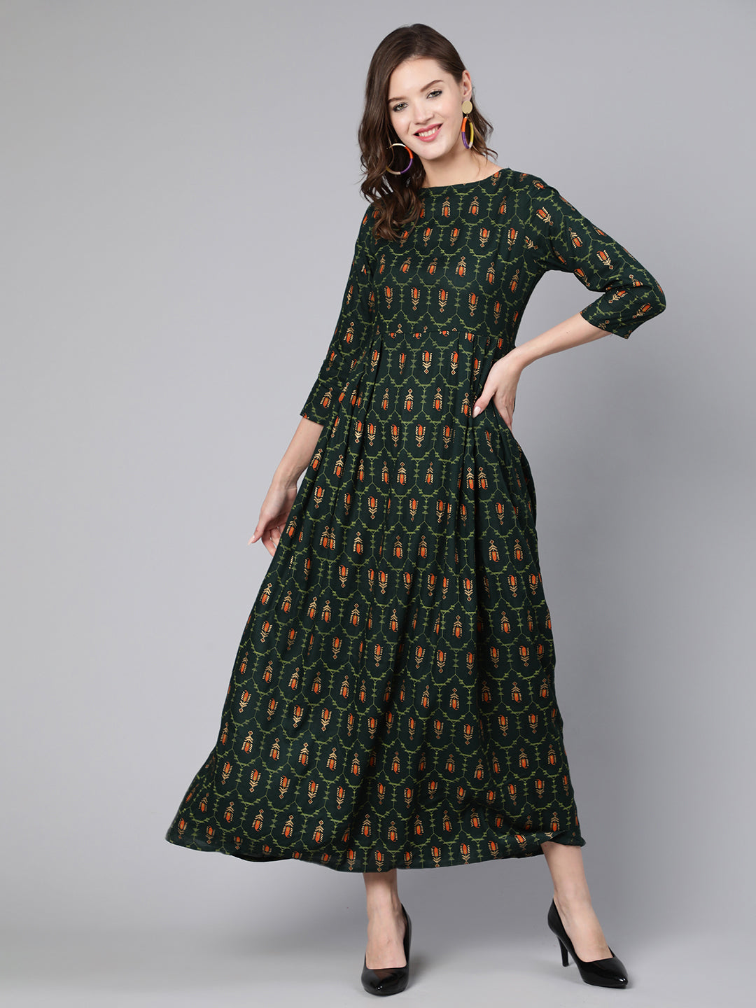 Women Green Printed Flared Dress With Three Quarter Sleeves | LASVINI - Redefining Indian Fashion with Elegance