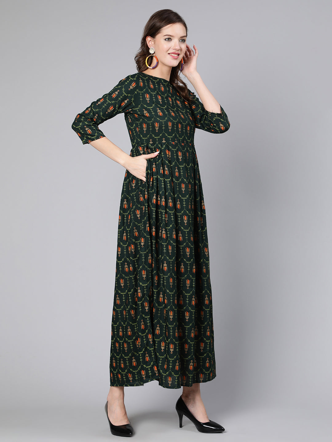 Women Green Printed Flared Dress With Three Quarter Sleeves | LASVINI - Redefining Indian Fashion with Elegance