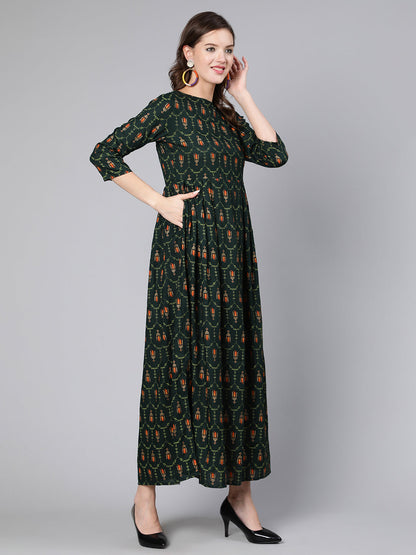 Women Green Printed Flared Dress With Three Quarter Sleeves | LASVINI - Redefining Indian Fashion with Elegance