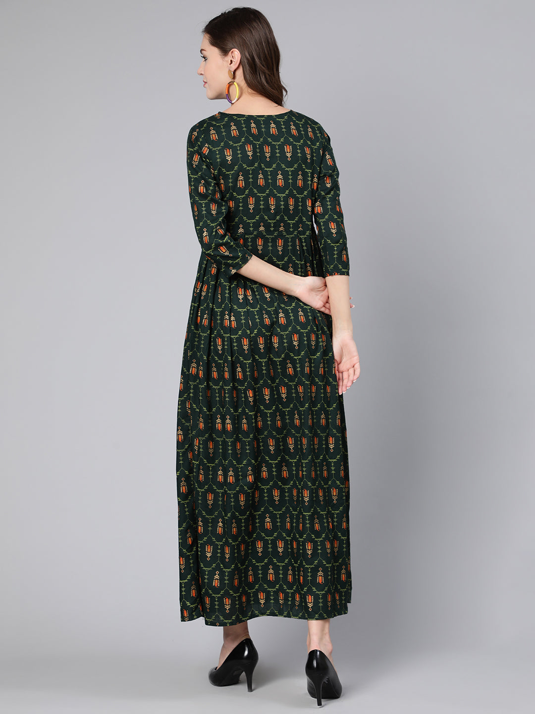 Women Green Printed Flared Dress With Three Quarter Sleeves | LASVINI - Redefining Indian Fashion with Elegance