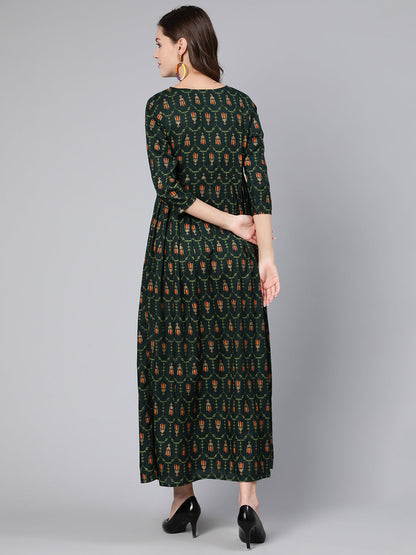 Women Green Printed Flared Dress With Three Quarter Sleeves | LASVINI - Redefining Indian Fashion with Elegance
