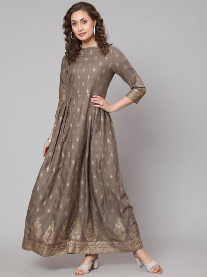 Women Grey Printed Flared Dress With Three Quarter Sleeves | LASVINI - Redefining Indian Fashion with Elegance