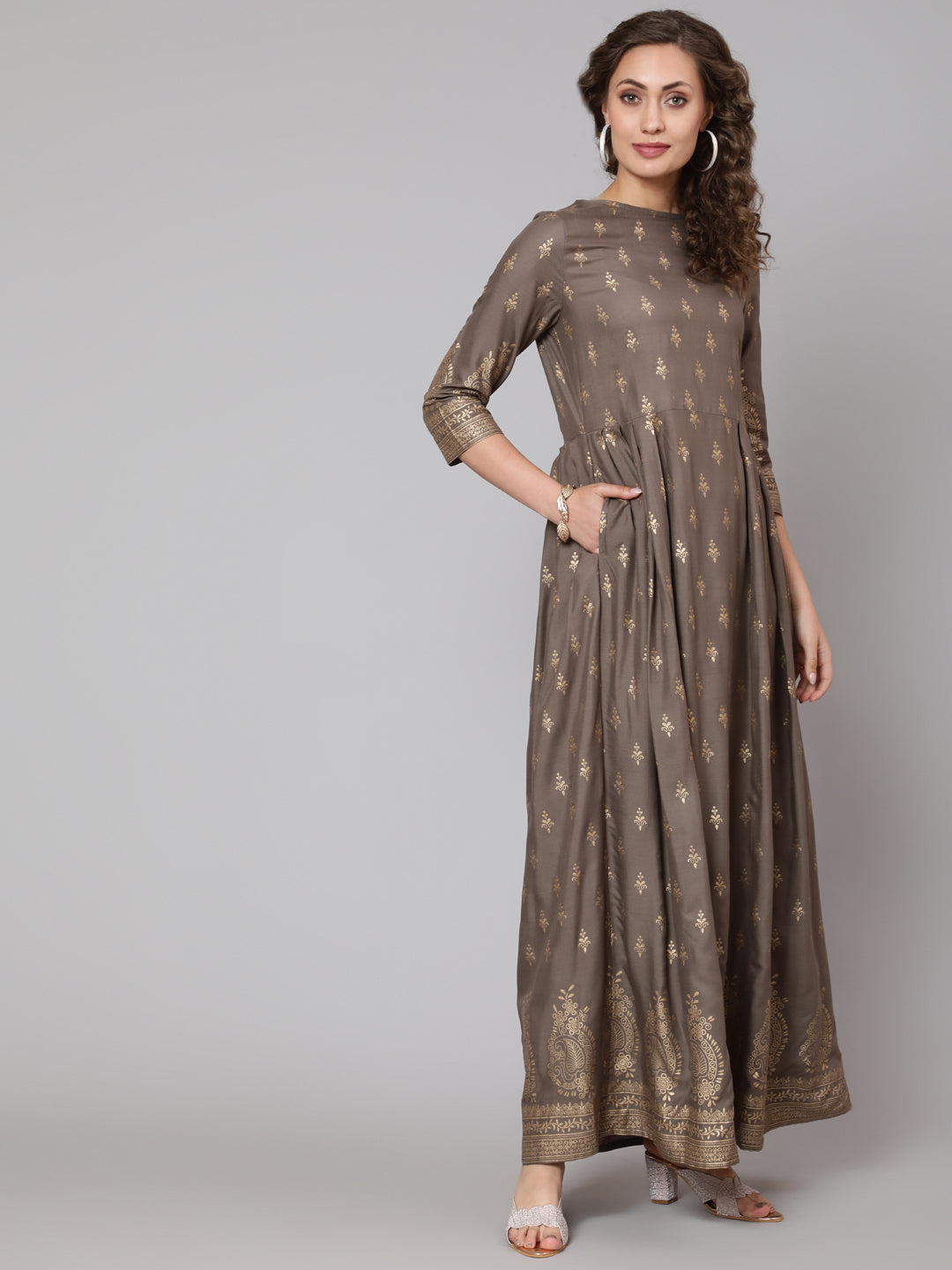 Women Grey Printed Flared Dress With Three Quarter Sleeves | LASVINI - Redefining Indian Fashion with Elegance