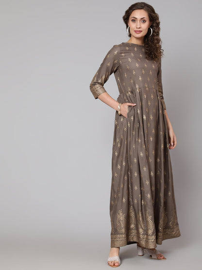 Women Grey Printed Flared Dress With Three Quarter Sleeves | LASVINI - Redefining Indian Fashion with Elegance