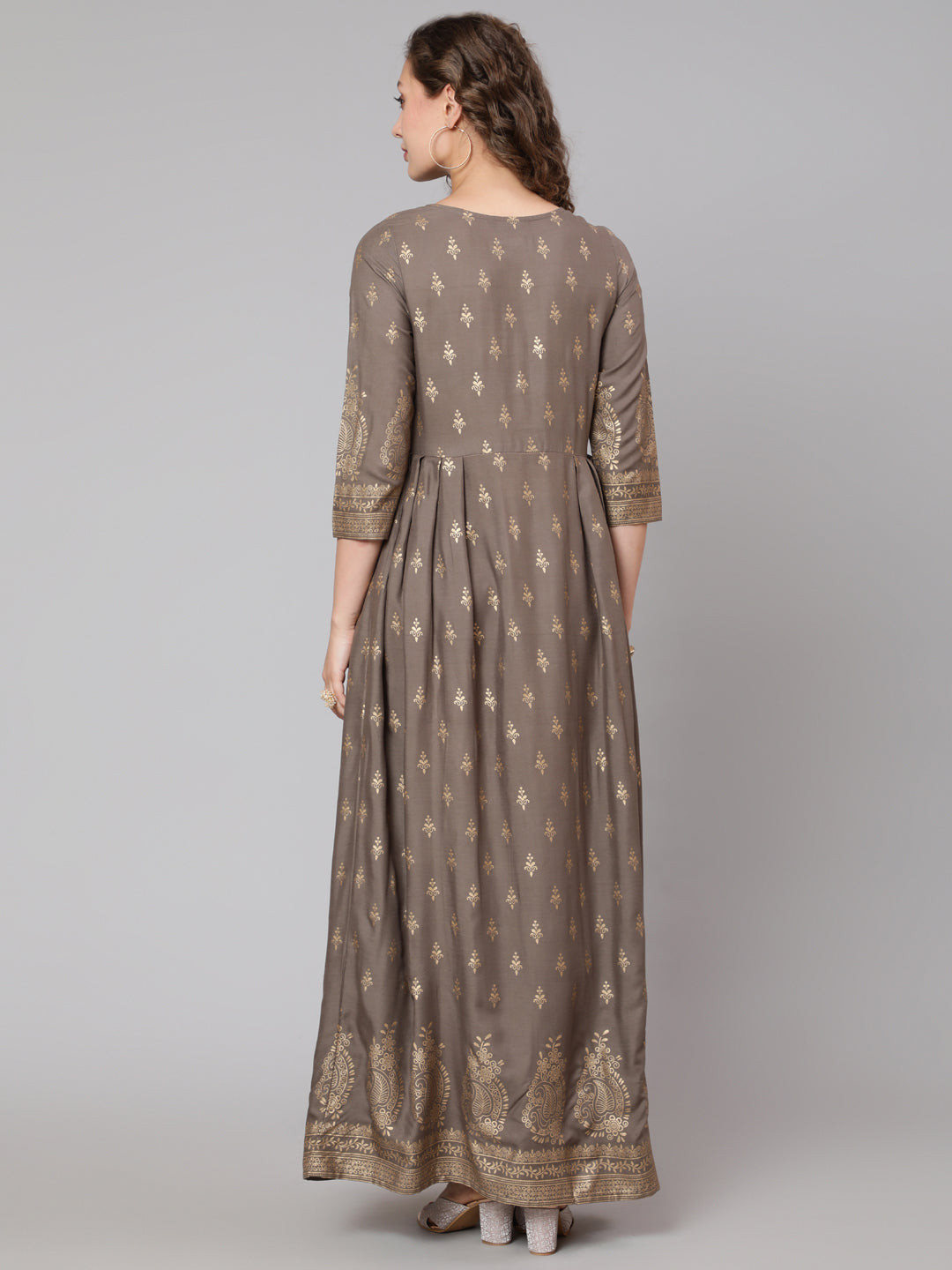 Women Grey Printed Flared Dress With Three Quarter Sleeves | LASVINI - Redefining Indian Fashion with Elegance