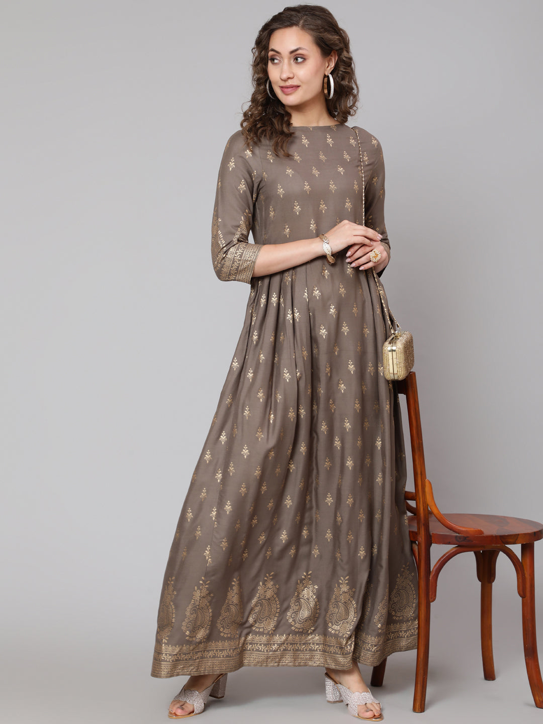 Women Grey Printed Flared Dress With Three Quarter Sleeves | LASVINI - Redefining Indian Fashion with Elegance