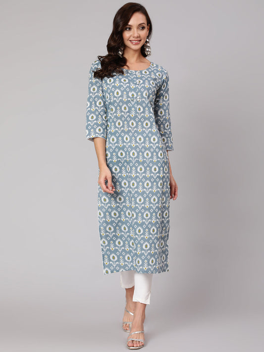 Women Grey Abstrak Printed Straight Kurta With Three Quarter Sleeves | LASVINI - Redefining Indian Fashion with Elegance