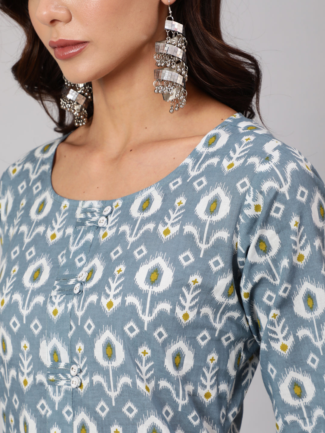 Women Grey Abstrak Printed Straight Kurta With Three Quarter Sleeves | LASVINI - Redefining Indian Fashion with Elegance