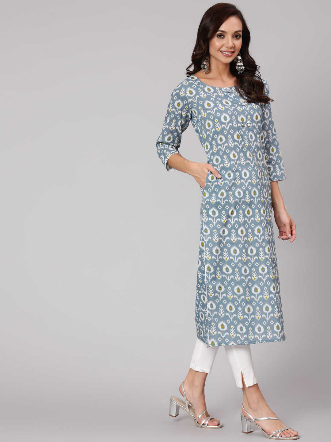 Women Grey Abstrak Printed Straight Kurta With Three Quarter Sleeves | LASVINI - Redefining Indian Fashion with Elegance