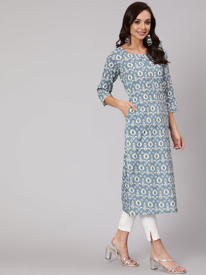 Women Grey Abstrak Printed Straight Kurta With Three Quarter Sleeves | LASVINI - Redefining Indian Fashion with Elegance
