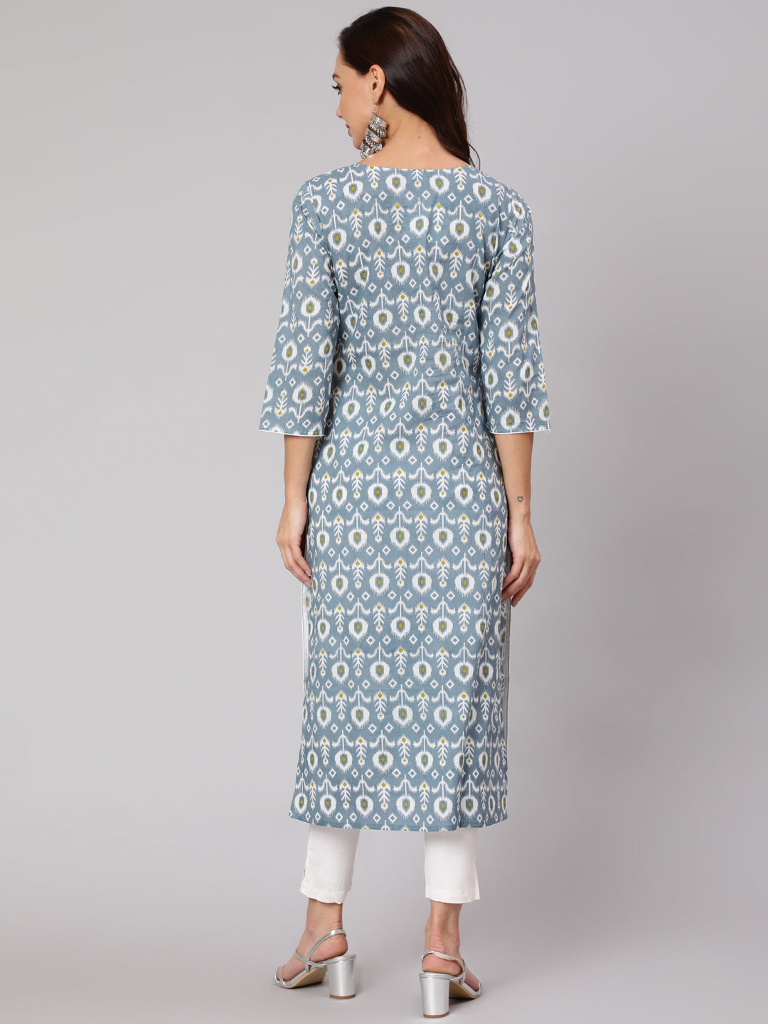 Women Grey Abstrak Printed Straight Kurta With Three Quarter Sleeves | LASVINI - Redefining Indian Fashion with Elegance