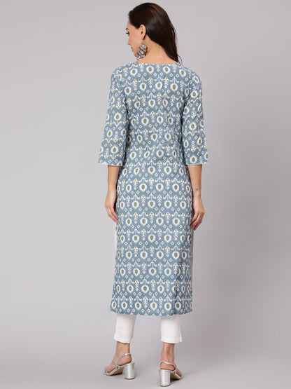 Women Grey Abstrak Printed Straight Kurta With Three Quarter Sleeves | LASVINI - Redefining Indian Fashion with Elegance