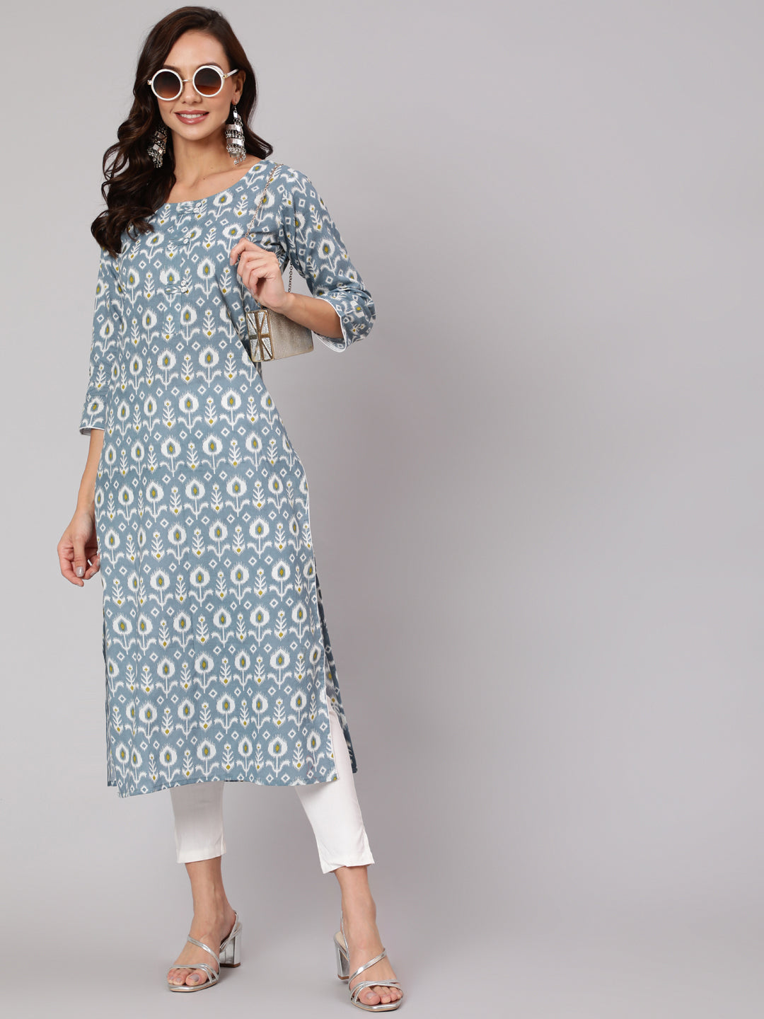 Women Grey Abstrak Printed Straight Kurta With Three Quarter Sleeves | LASVINI - Redefining Indian Fashion with Elegance