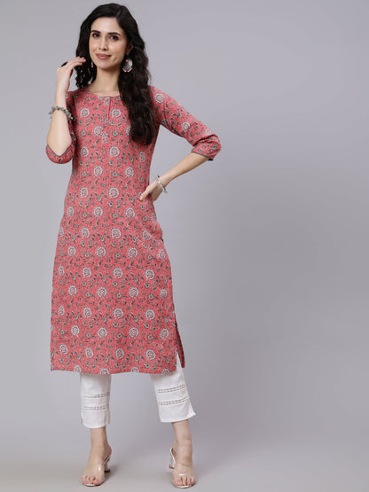 Women Pink Floral Printed Straight Kurta With Three Quarter Sleeves | LASVINI - Redefining Indian Fashion with Elegance